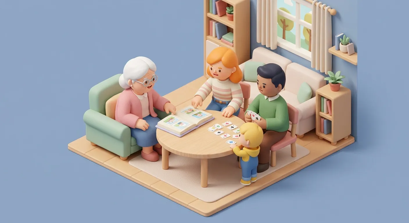 Family visiting elderly parent in assisted living