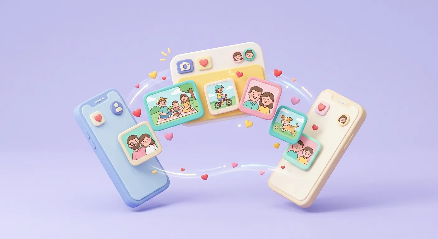 A shared photo album floating between two smartphones