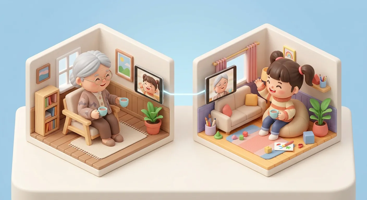 Grandparent and grandchild on a video call with matching tea cups