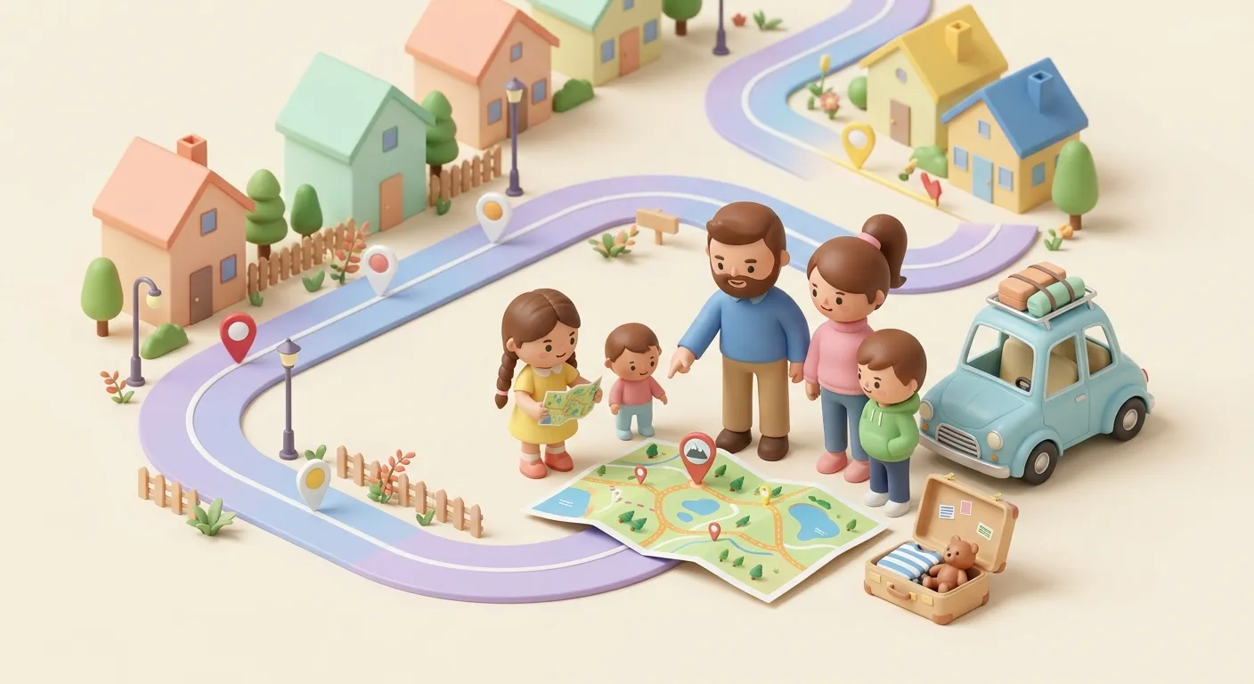 A family planning a visit with suitcase and a winding road