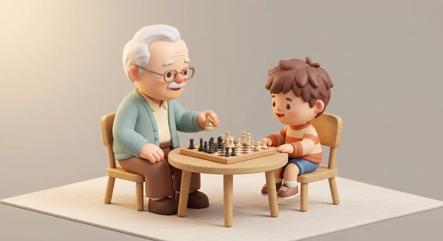 3D isometric render of a grandfather and young boy figurine playing chess together on a small table