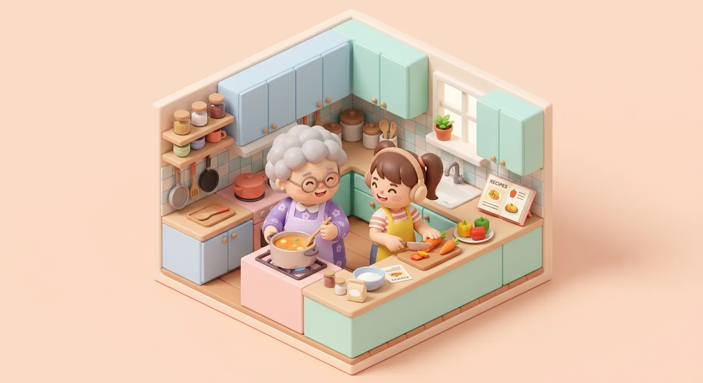 3D isometric render of a grandmother and teenage figurine cooking together in a tiny kitchen