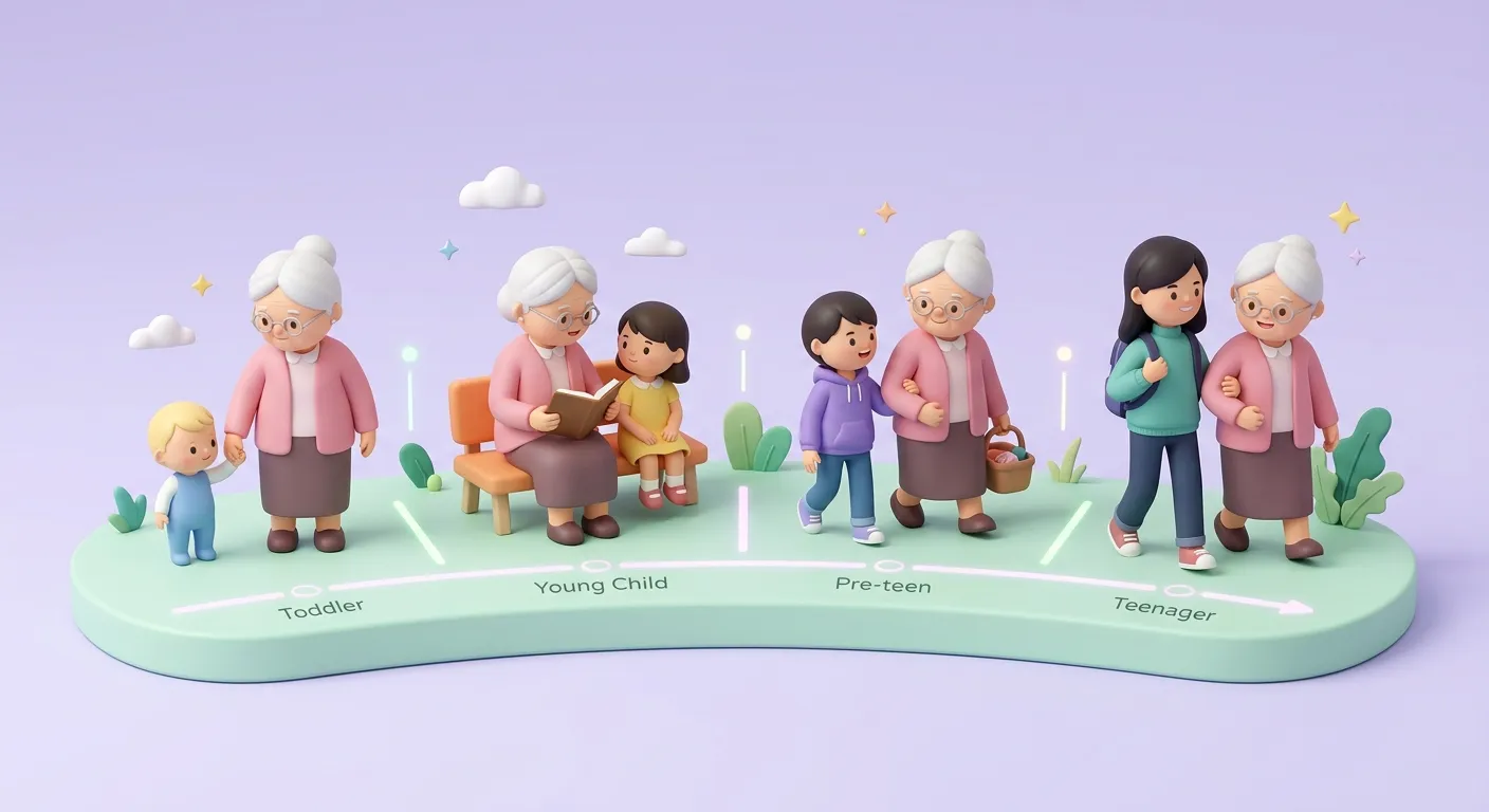 3D isometric render of a timeline showing a child figurine growing from toddler to teenager with a grandparent figurine
