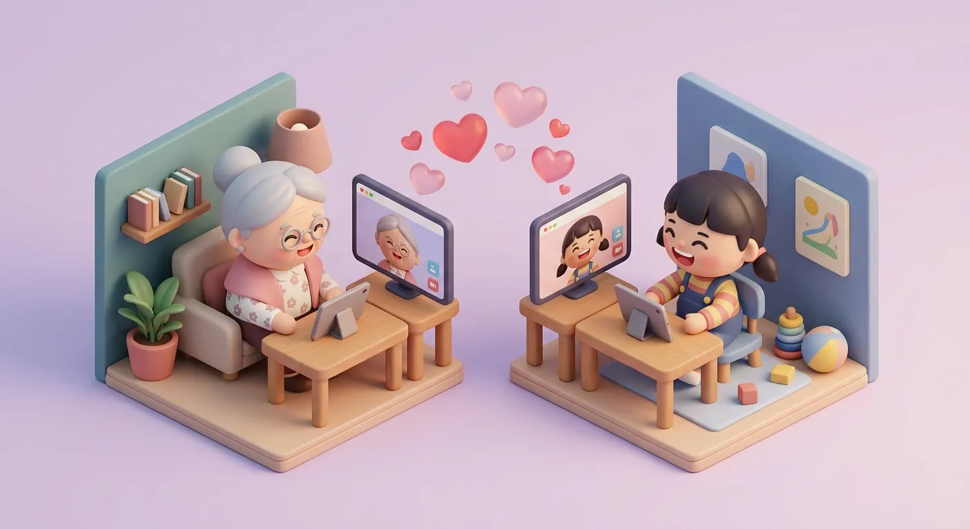 3D isometric render of a grandparent and grandchild figurine on a video call with heart bubbles