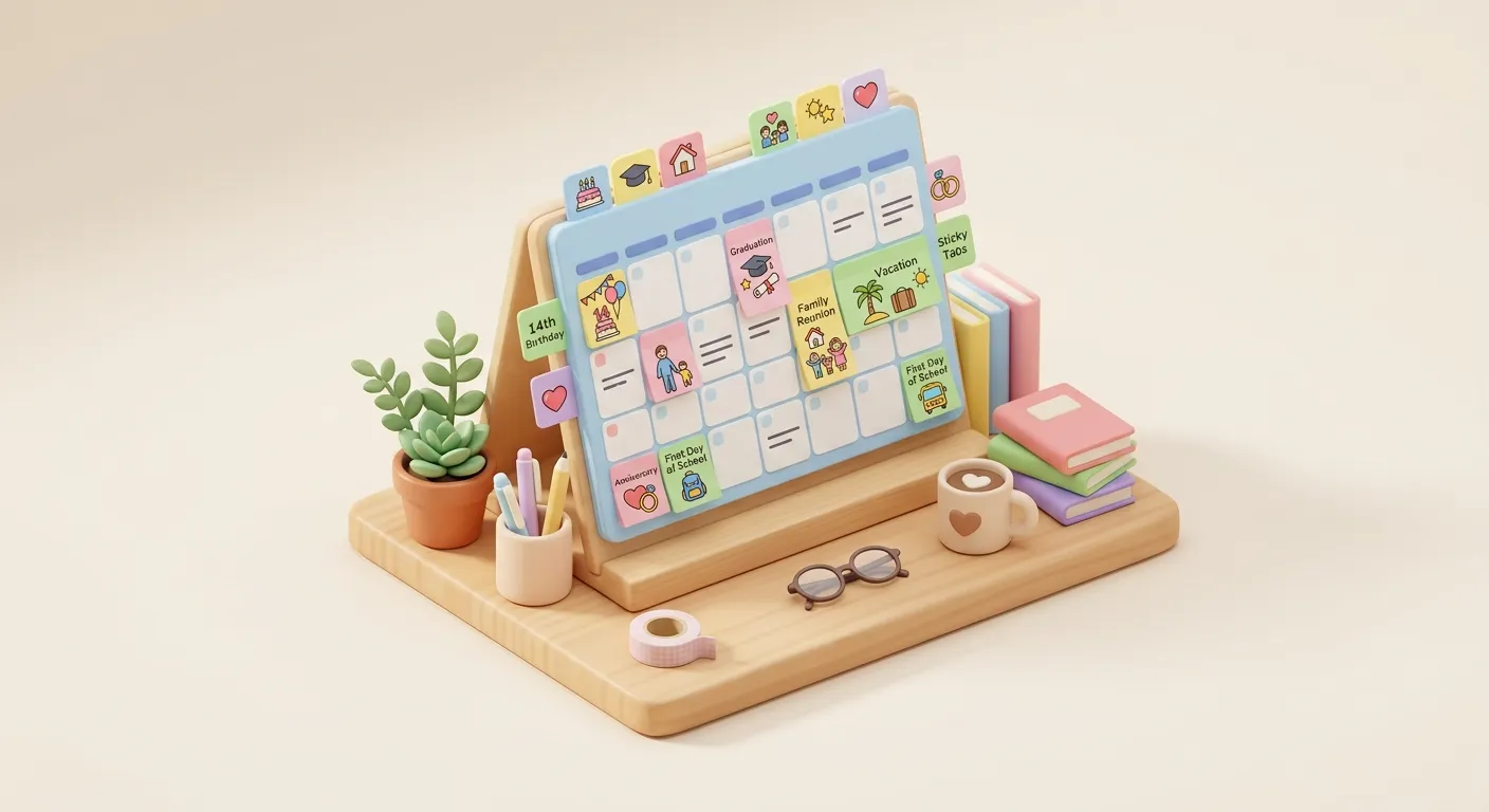 A calendar with colorful sticky notes marking family milestones