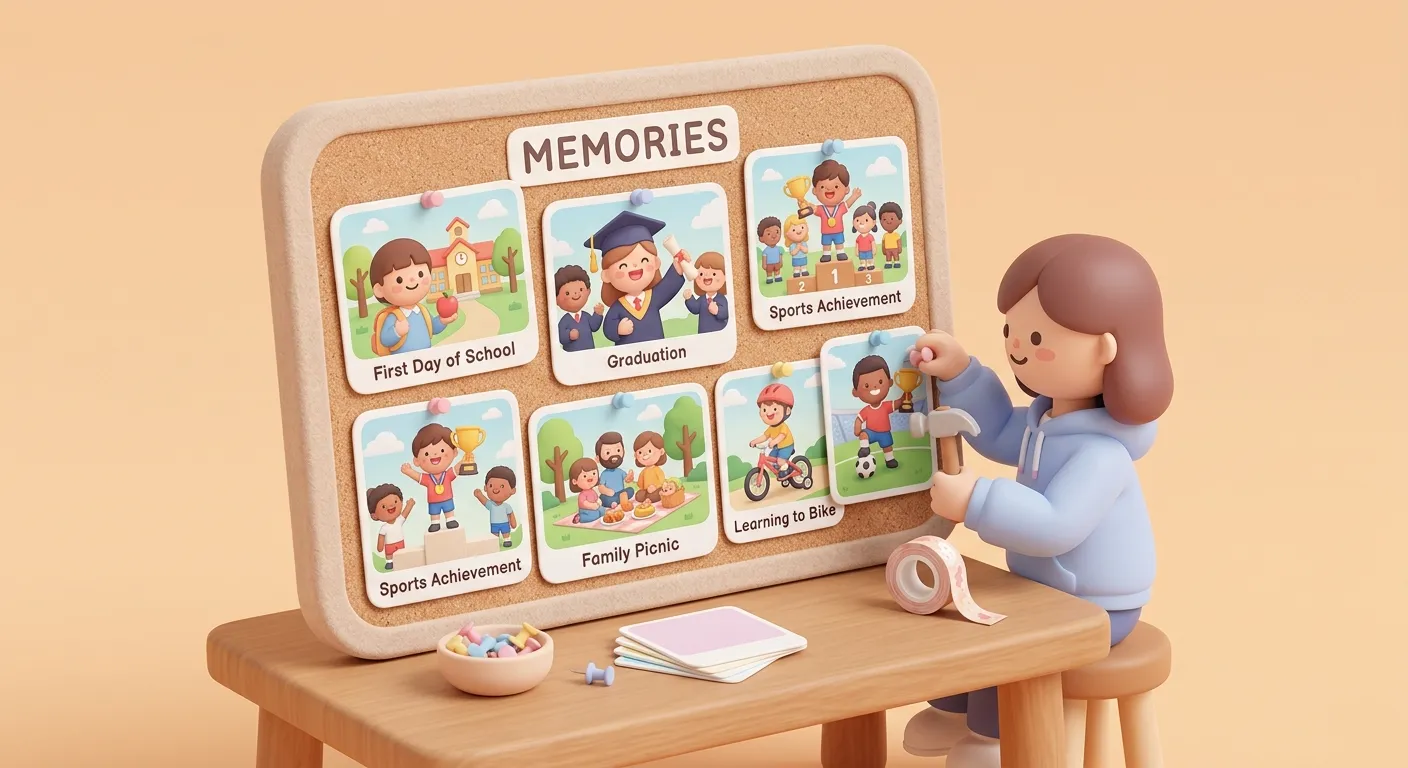 A photo collage board showing milestone moments