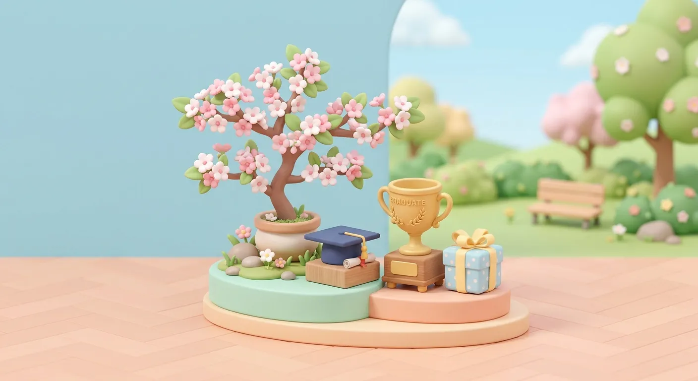Spring scene with graduation cap, trophy, and birthday present
