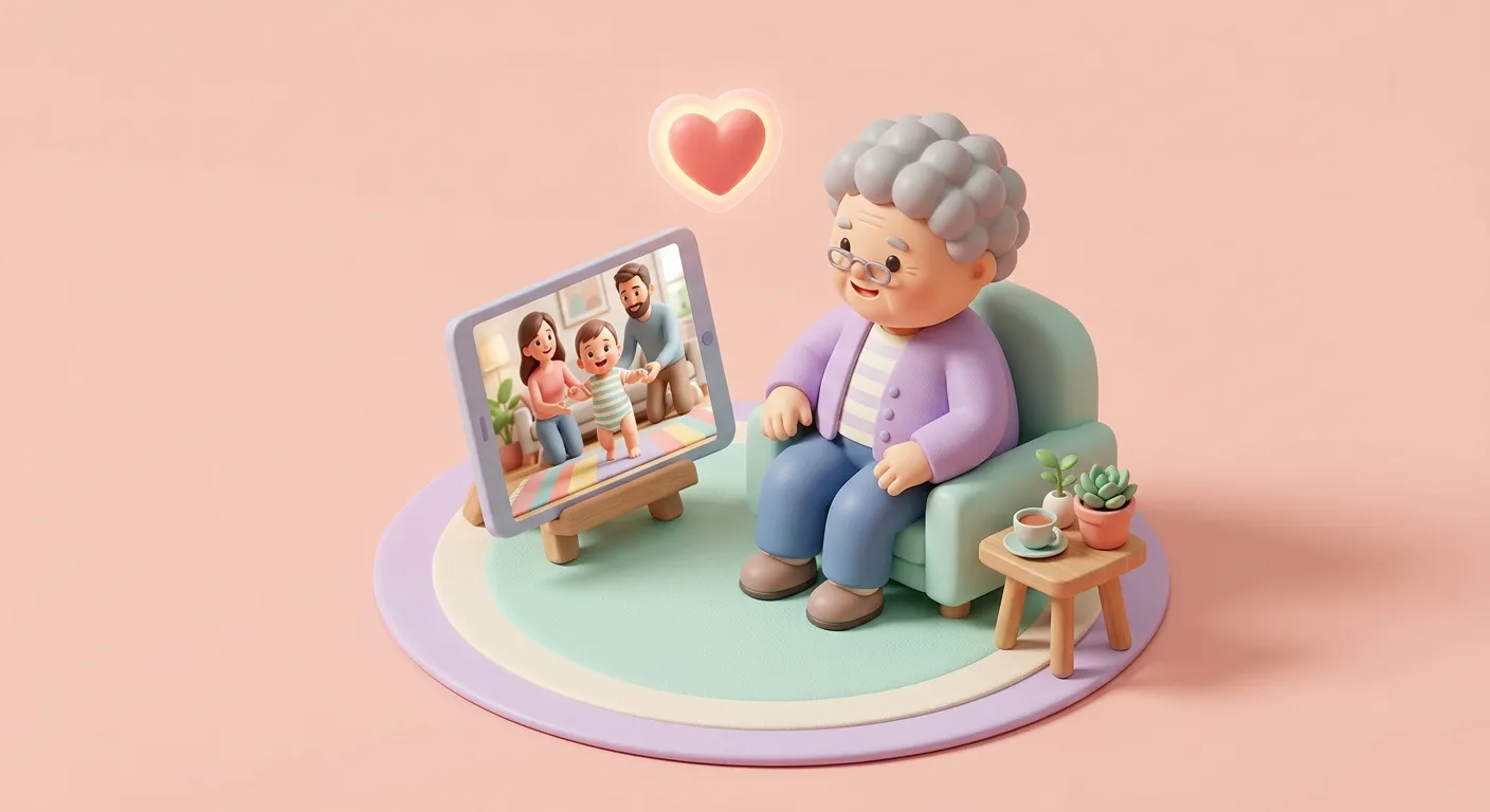 Grandparent watching a video call showing a child&#x27;s first steps