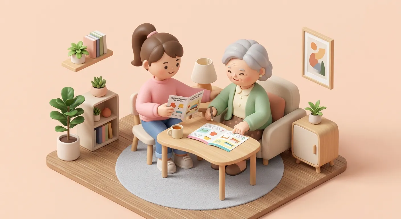 Mother and daughter figurines sitting together choosing furniture and looking at brochures for a new assisted living room