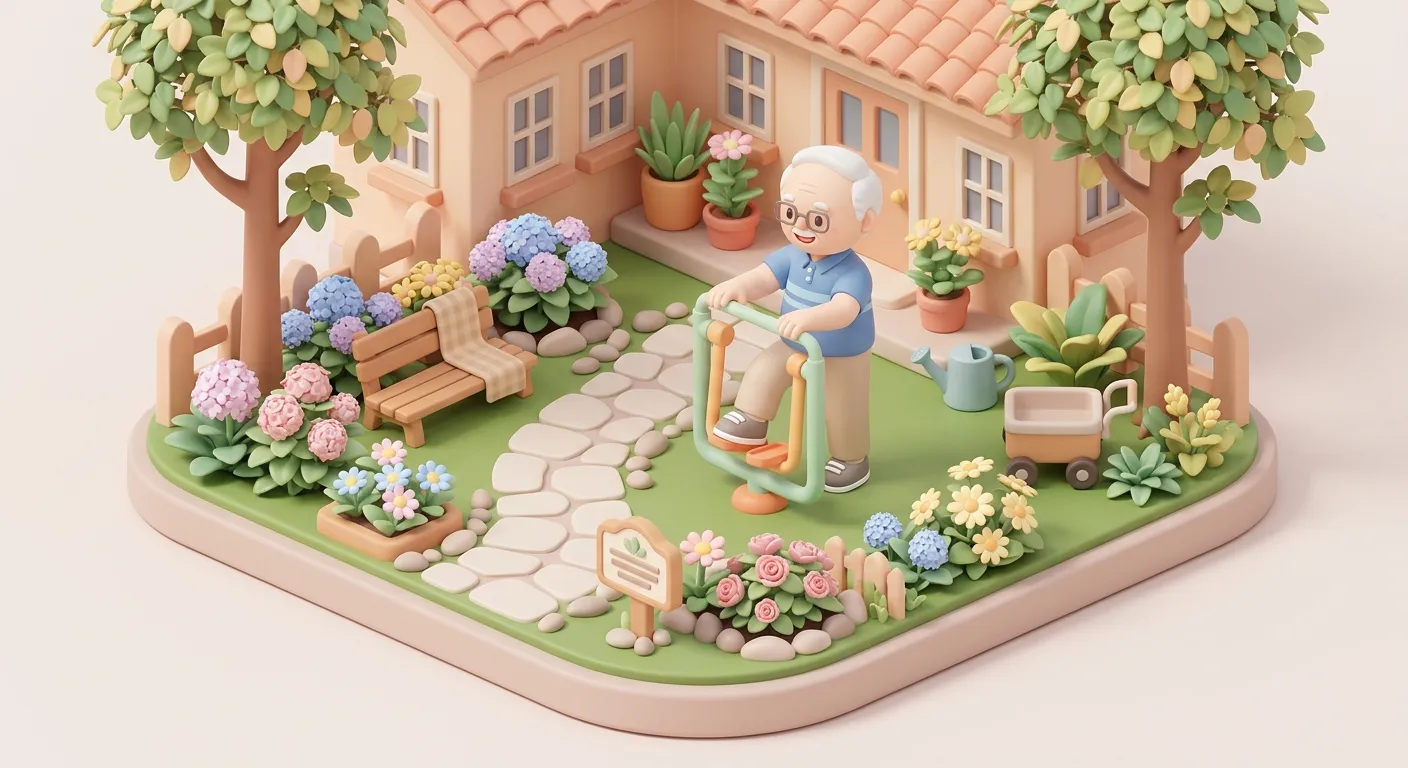 Elderly figurine doing gentle exercise in a garden with a walking path and flowers around an assisted living courtyard