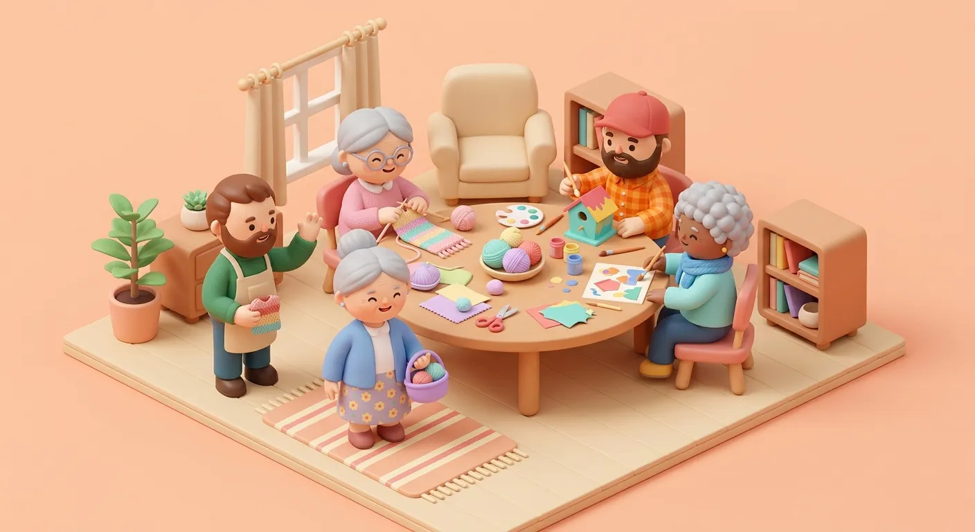 Elderly figurine joining a social activity group with other residents around a craft table