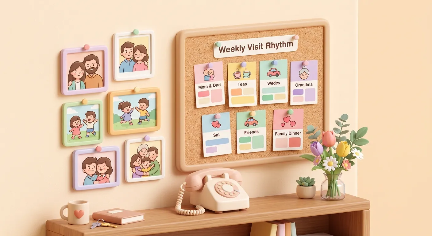 A weekly visiting schedule pinned on a cozy wall with family photos, a phone, and flowers