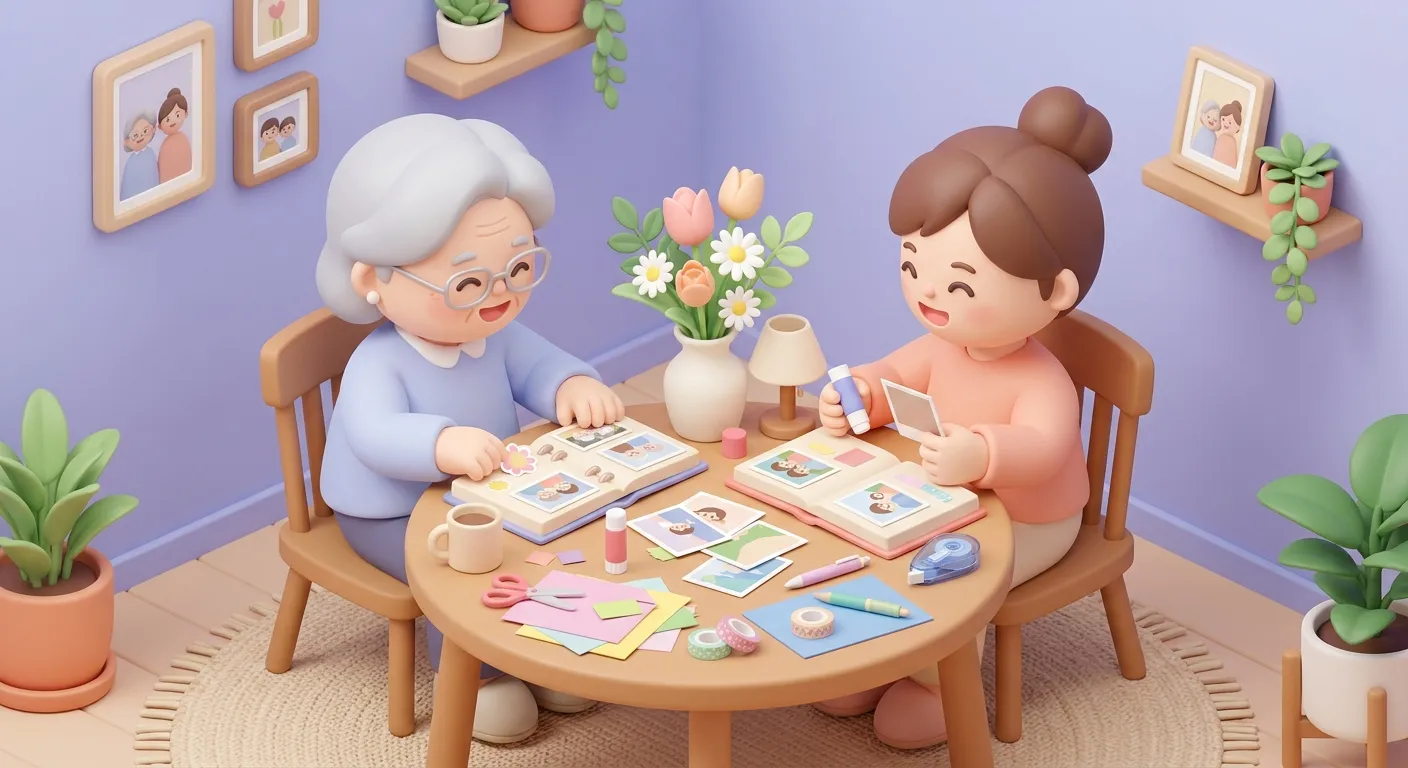 Mother and daughter looking through a photo album together