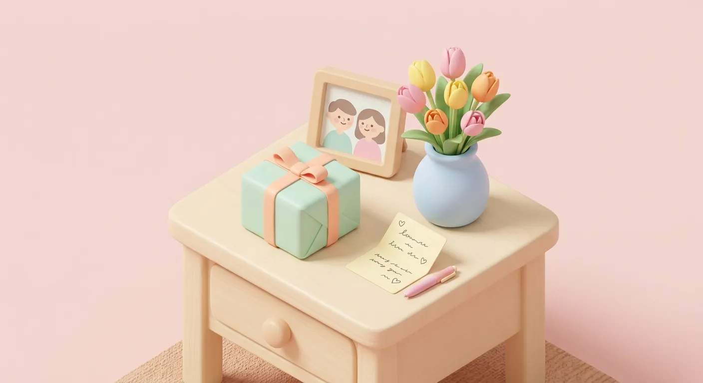 Wrapped gift, tulips, photo frame and card on a bedside table