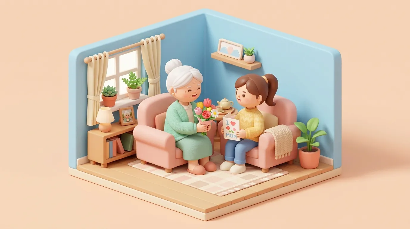 Elderly mother receiving flowers and a card from her daughter in her assisted living room