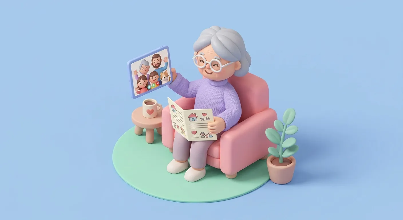 Elderly mother on a video call holding a family newsletter