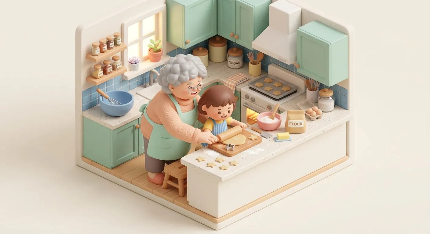 A grandmother and grandchild baking cookies together in a cozy kitchen