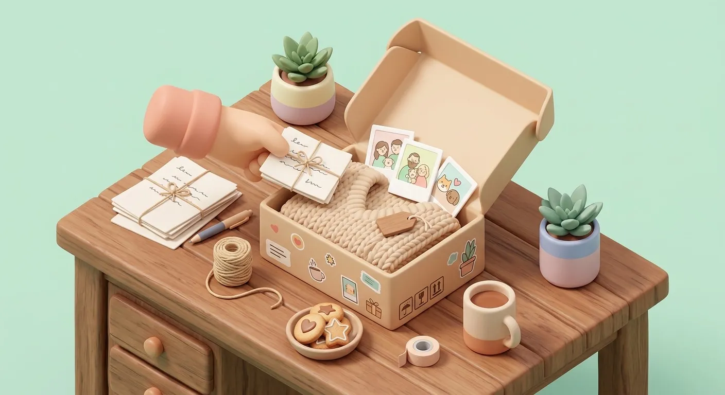 A care package being prepared with handwritten letters, photos, cookies, and a cozy shawl