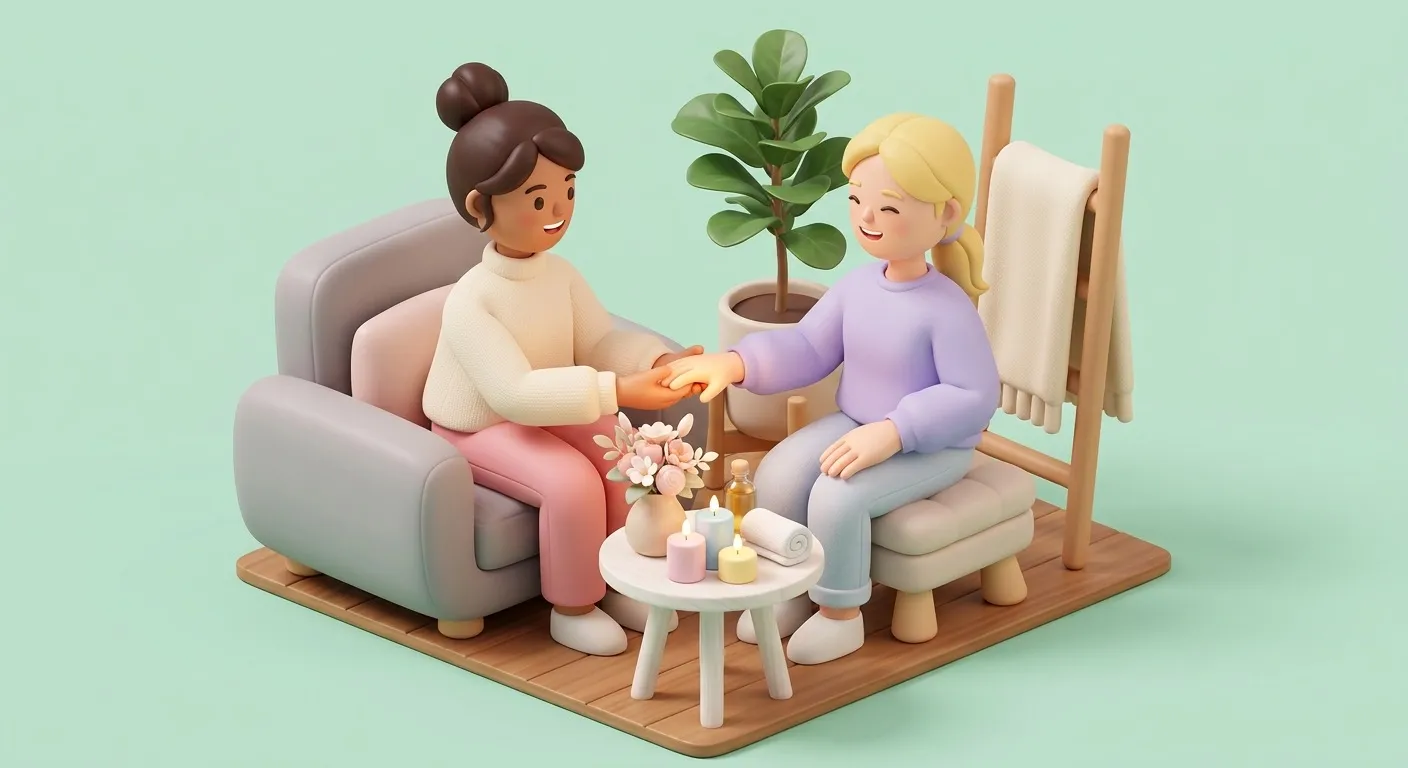A daughter giving her elderly mother a gentle hand massage at home with candles and flowers