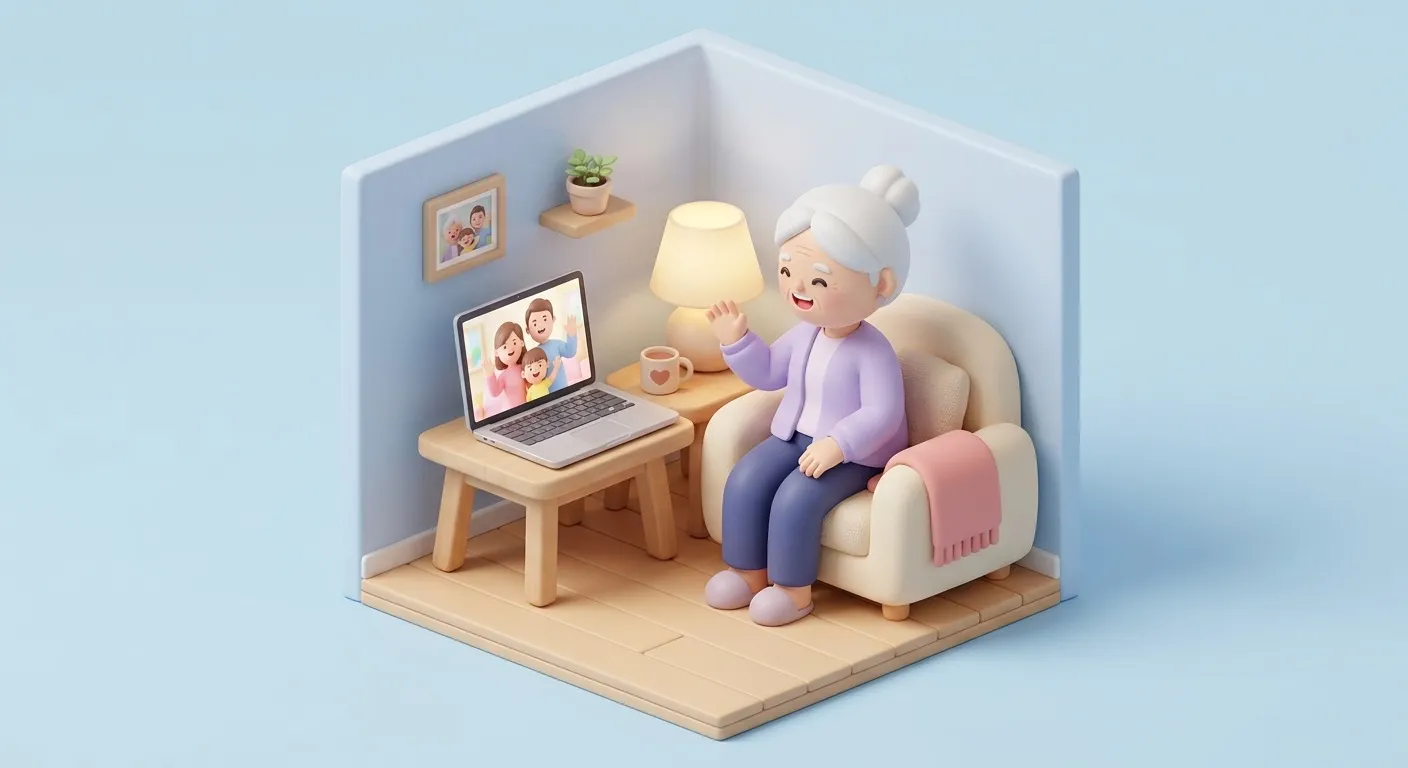 A grandmother on a video call waving at her family on a laptop screen