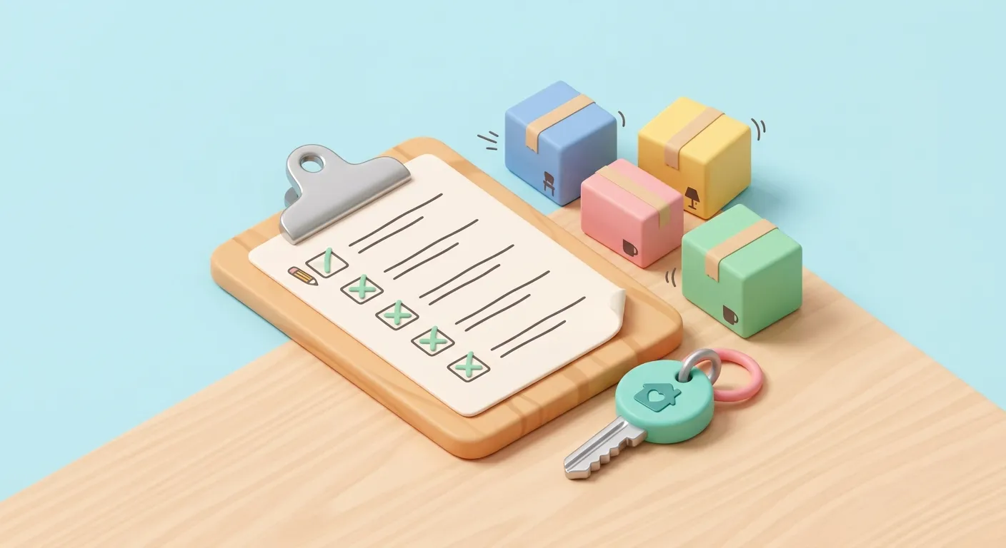 Illustration: A checklist on a clipboard with moving boxes and a new apartment key