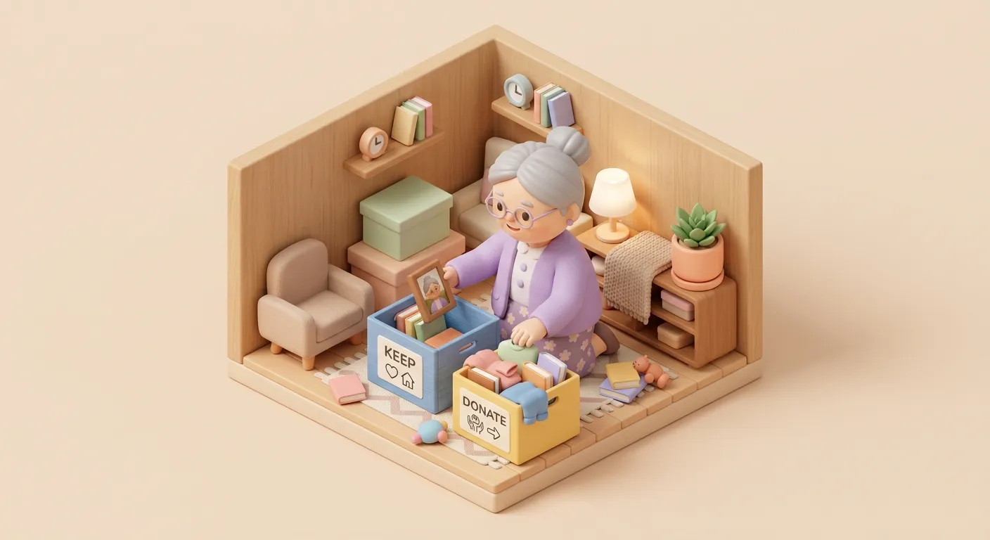Illustration: An elderly person sorting belongings into keep and donate boxes