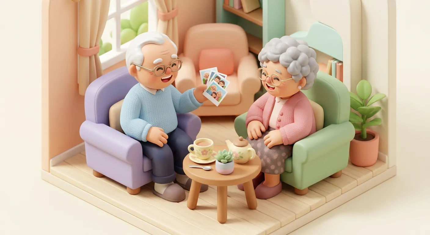 Illustration: Boxes being unpacked in a cozy assisted living room with family photos on walls