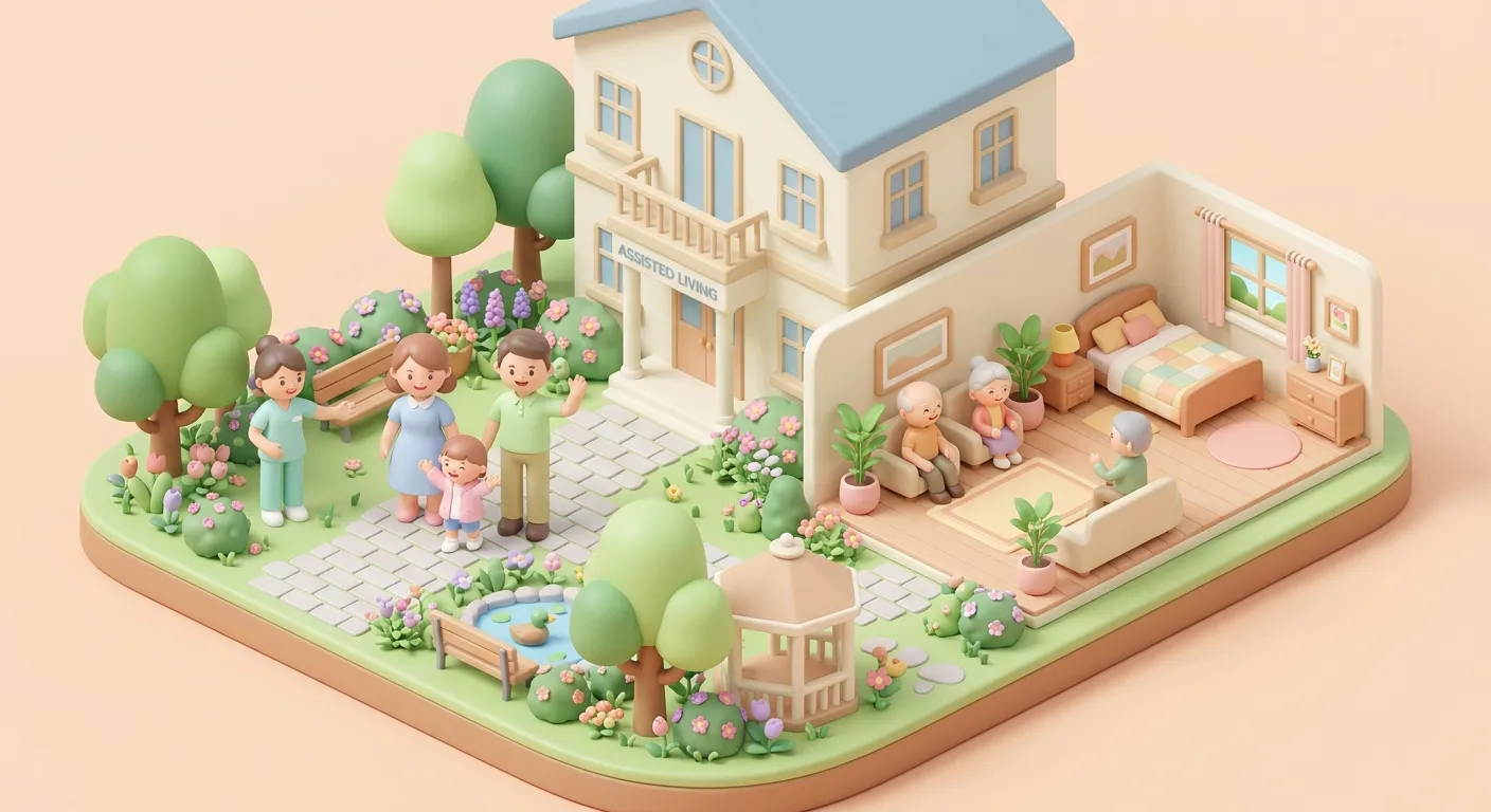 Illustration: A family visiting an assisted living facility with a guide showing them around