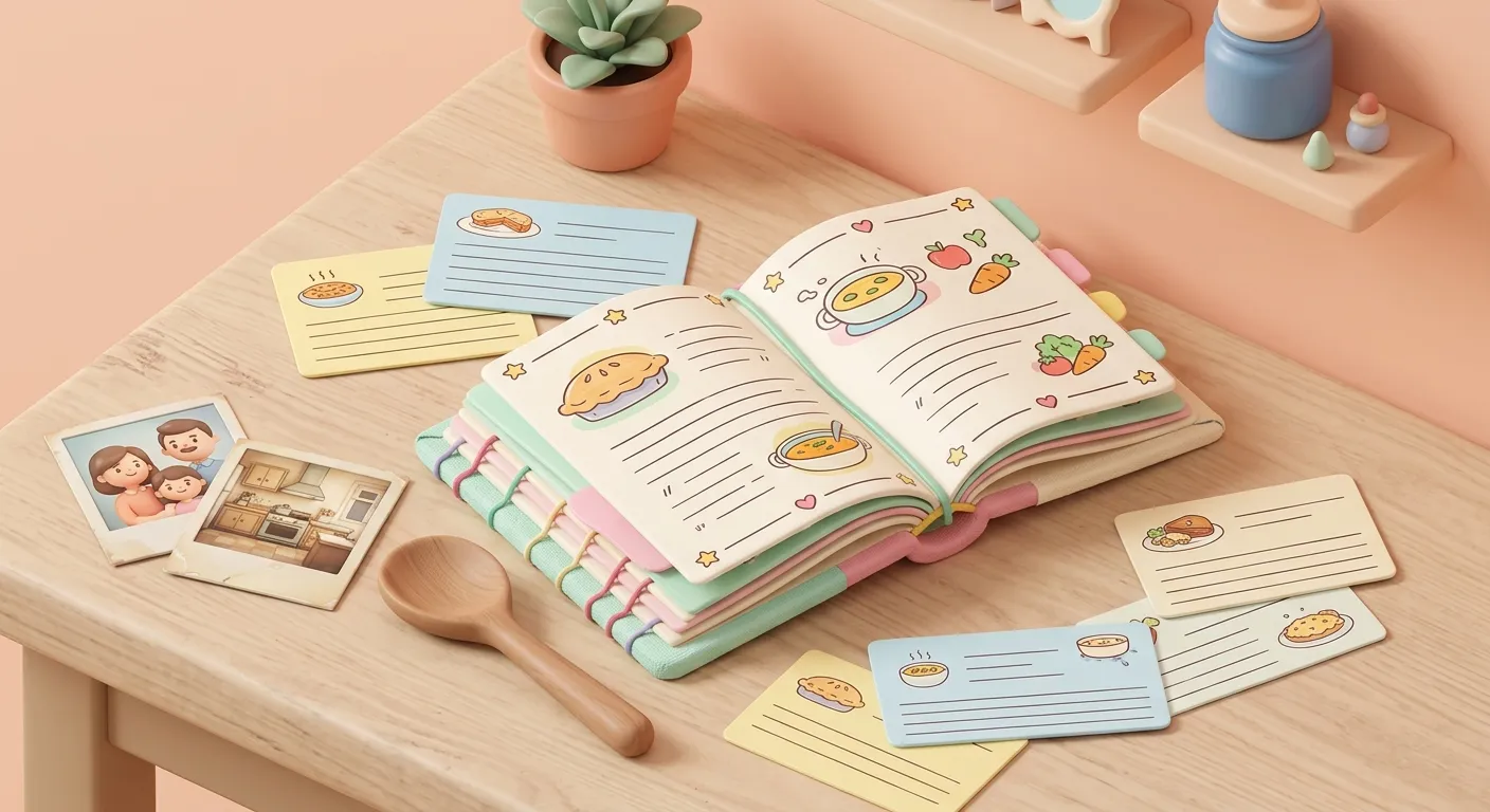 An older family recipe journal filled with handwritten cards, photos, and printed pages, resting on a table