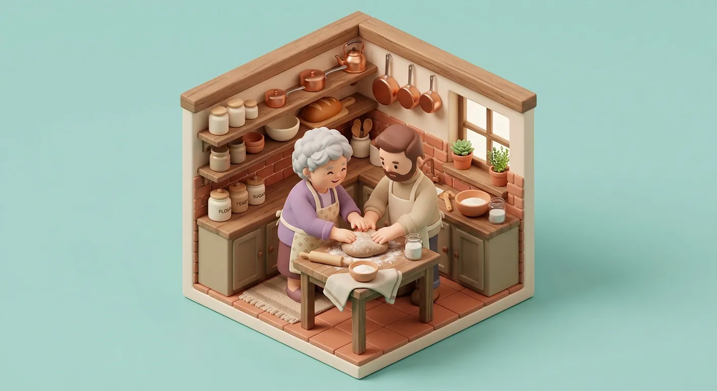 Adult child helping preserve family recipes by cooking alongside an aging parent in a warm kitchen