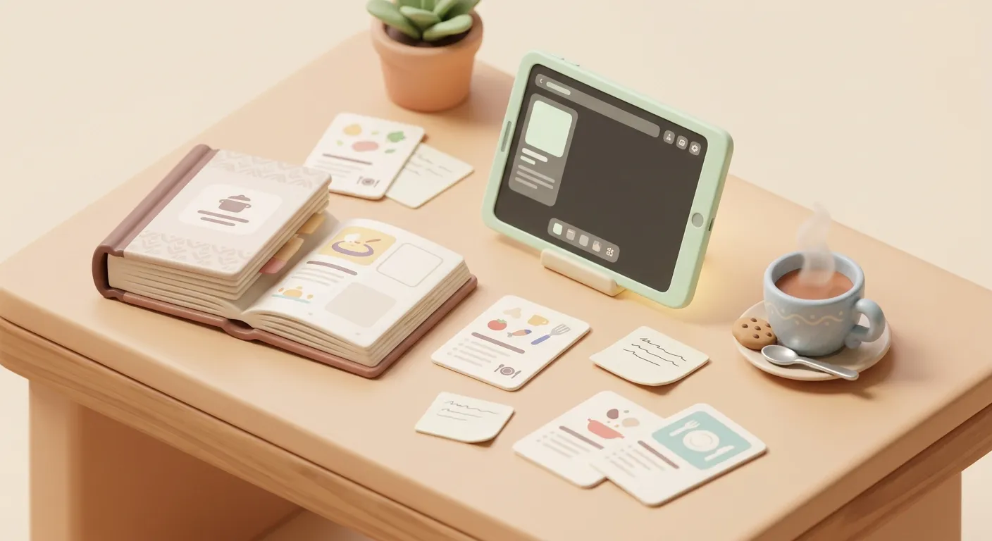 A beautifully printed family cookbook next to a stack of handwritten recipe cards