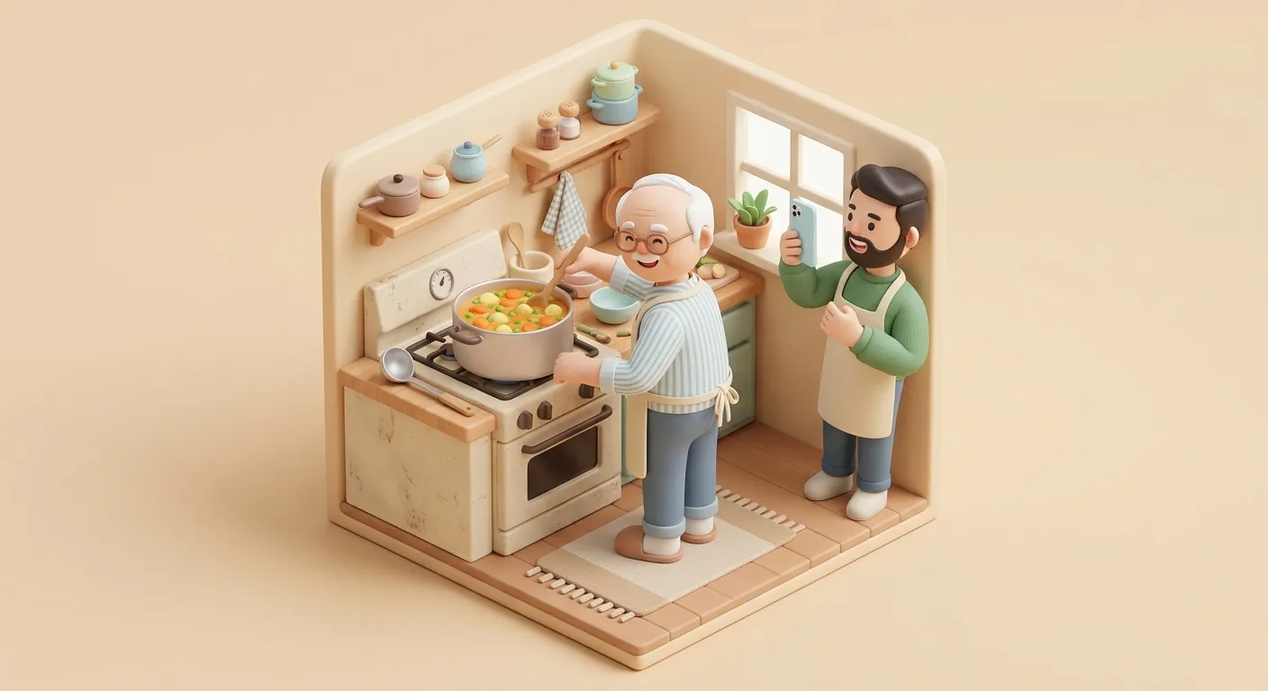 An adult child recording video on a phone while an elderly parent demonstrates a recipe