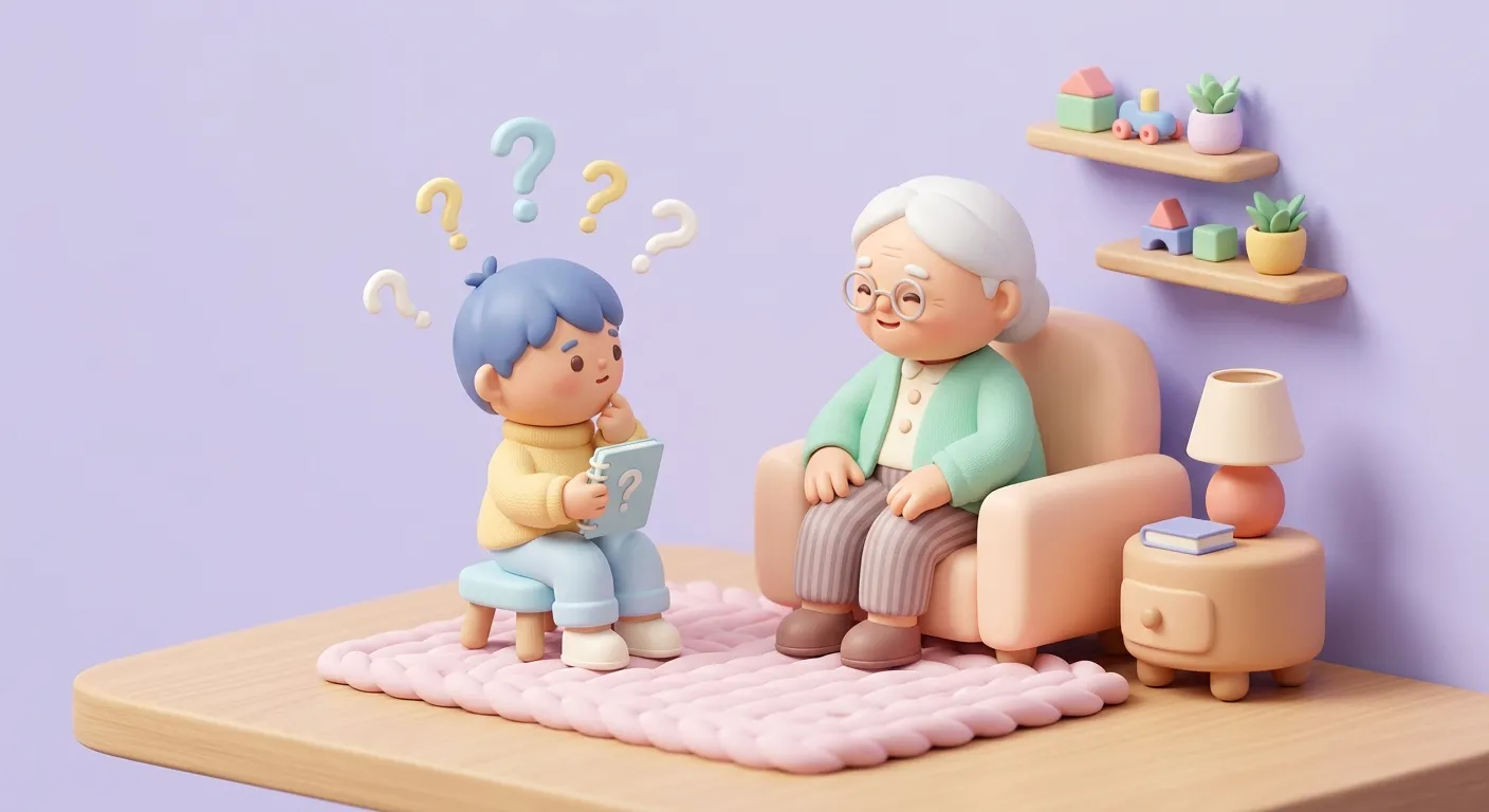 A figurine holding a notebook sitting across from an elderly figurine