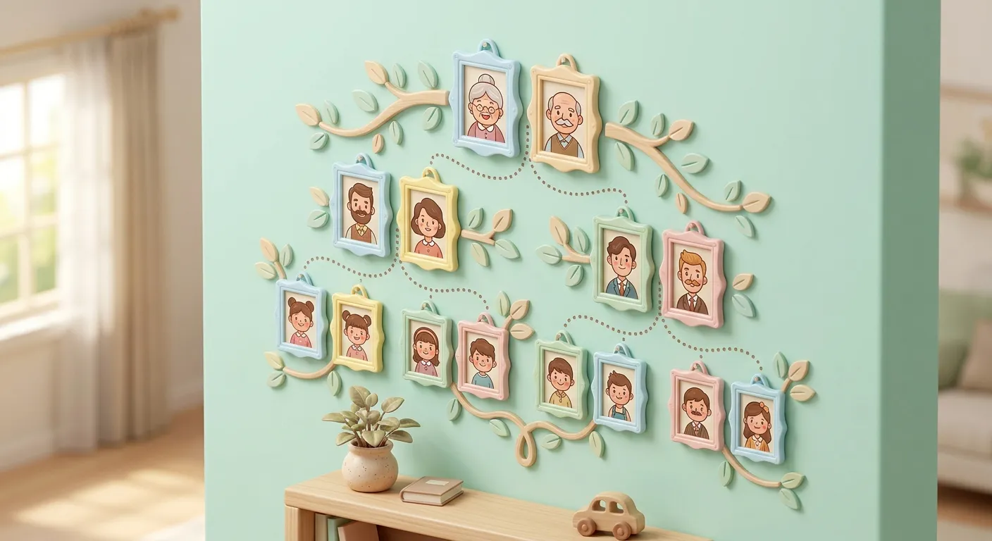 A family tree display with old photographs in frames