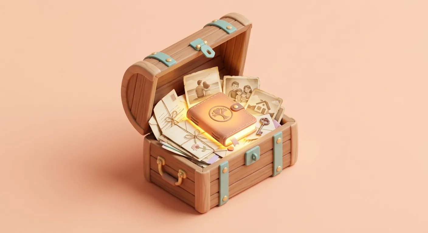 A treasure chest filled with handwritten letters and a journal