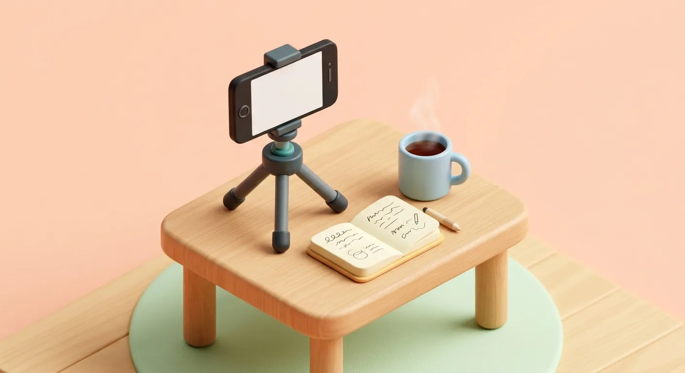 A recording setup with a smartphone, notebook, and tea