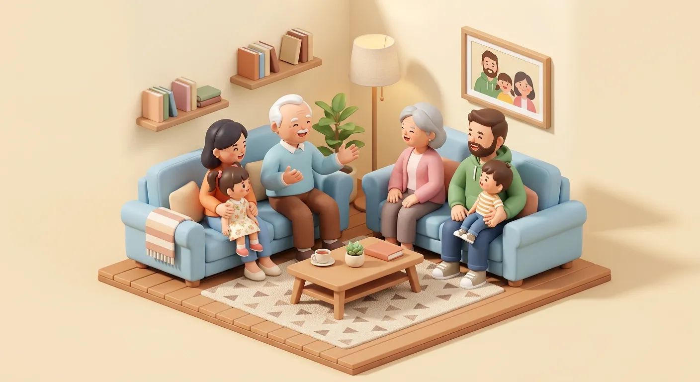 Grandparent sharing stories with family members