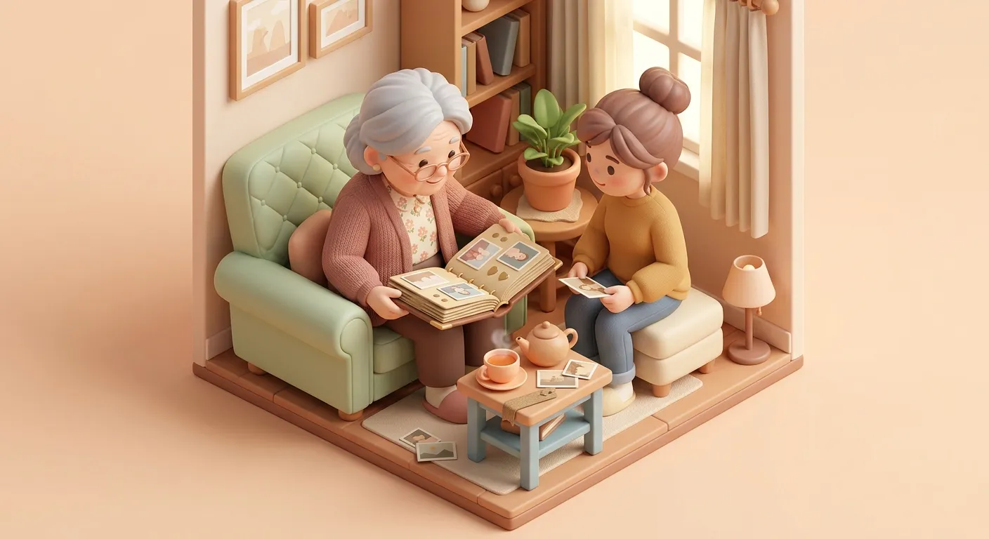 Gentle moment between elderly grandparent and adult child looking at photo album together