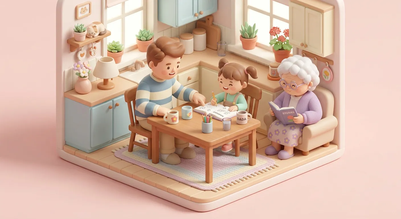 A sandwich generation caregiver helping both a child and elderly parent at home