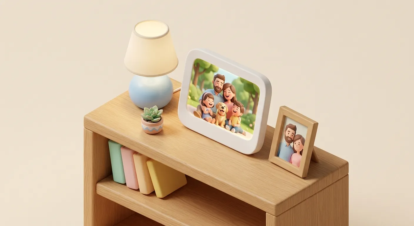 Digital photo frame displaying family photos on a cozy nightstand