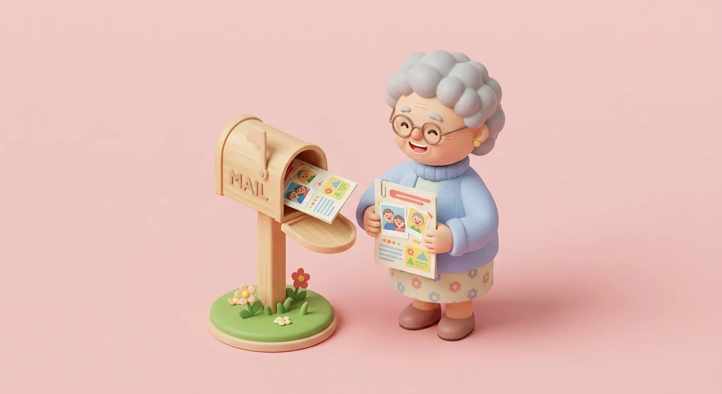 Printed family newsletter arriving in grandparent's mailbox