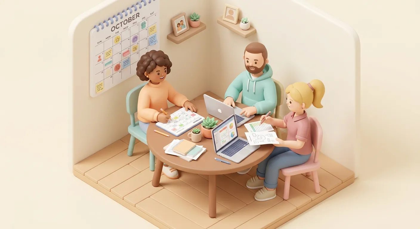 Siblings working together around a table