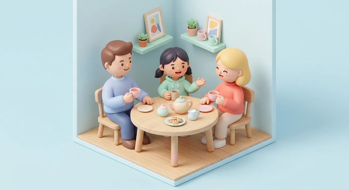 Family figurines sitting together around a kitchen table having a conversation