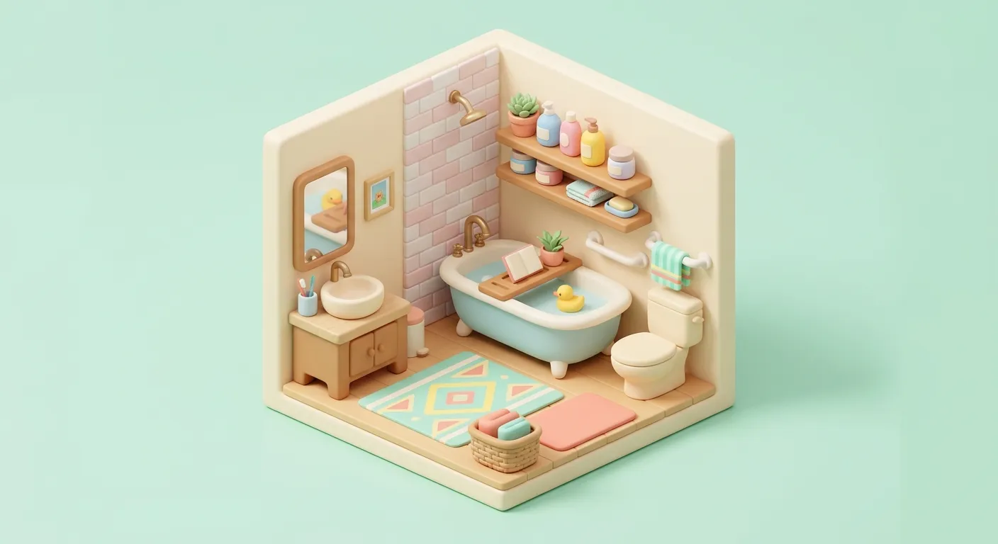 Bathroom with personal care items on a shelf, soft pastel tones