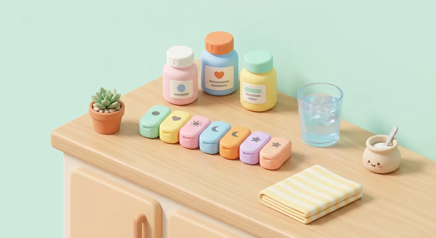 Pastel pill organizer on a kitchen counter with scattered medications