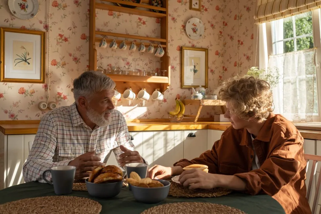 Grandparent and parent having a nice talk