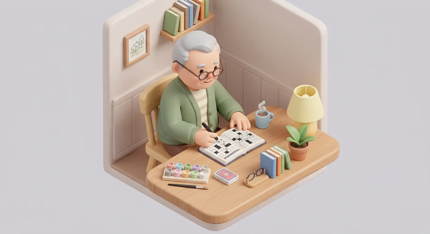 Elderly man at desk doing crossword with hobby items such as paint and playing cards