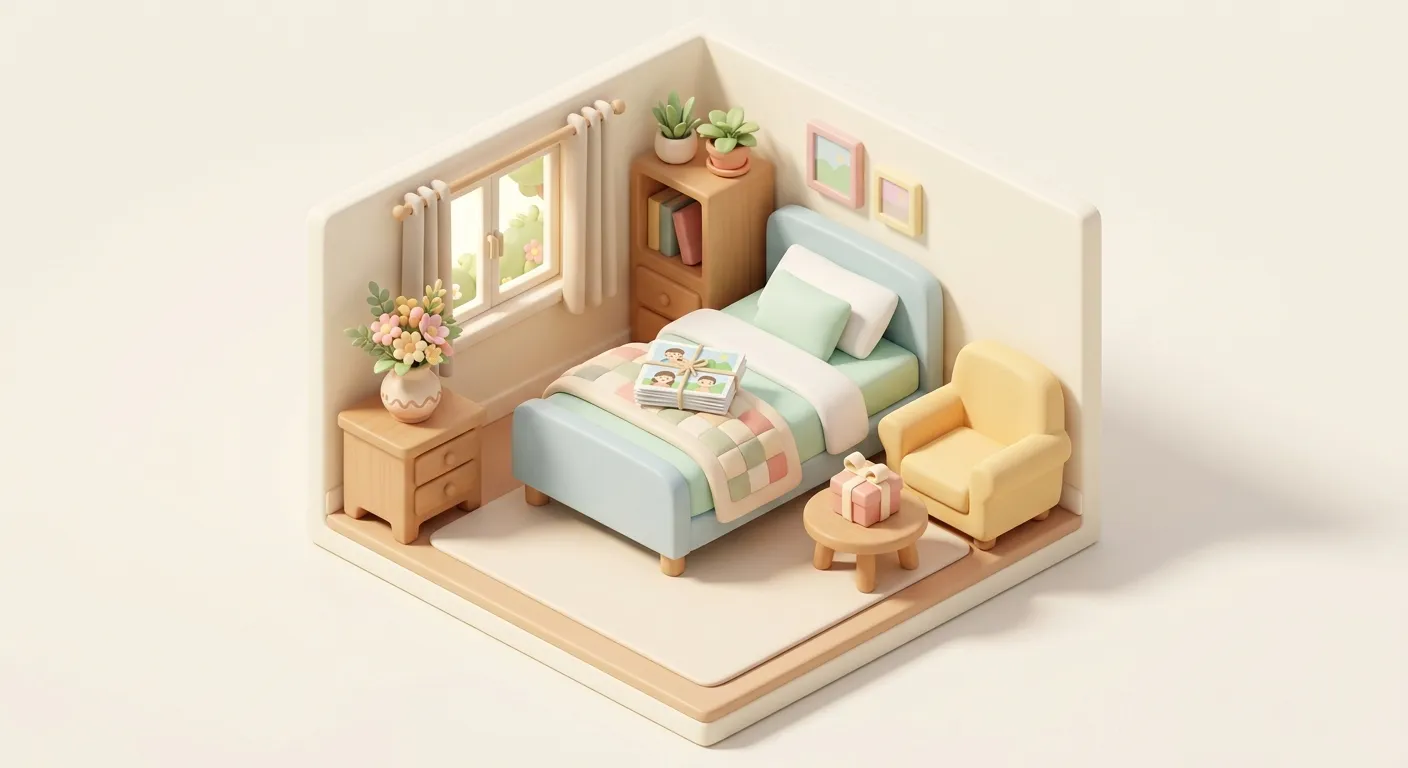 Bright assisted living room with fresh flowers, printed photos, and a small gift box on the table