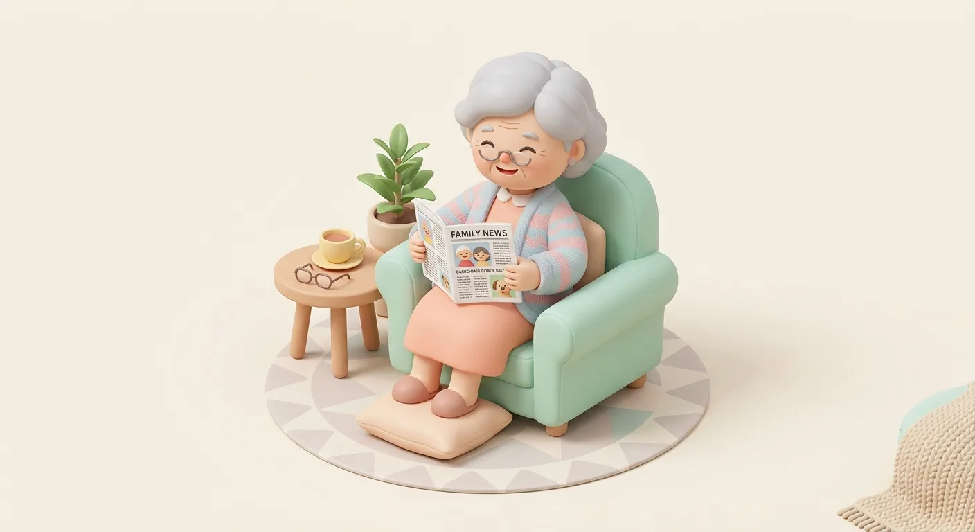 Elderly grandmother reading a printed family newsletter in her armchair with a cup of tea, representing subscription boxes that keep seniors connected with family