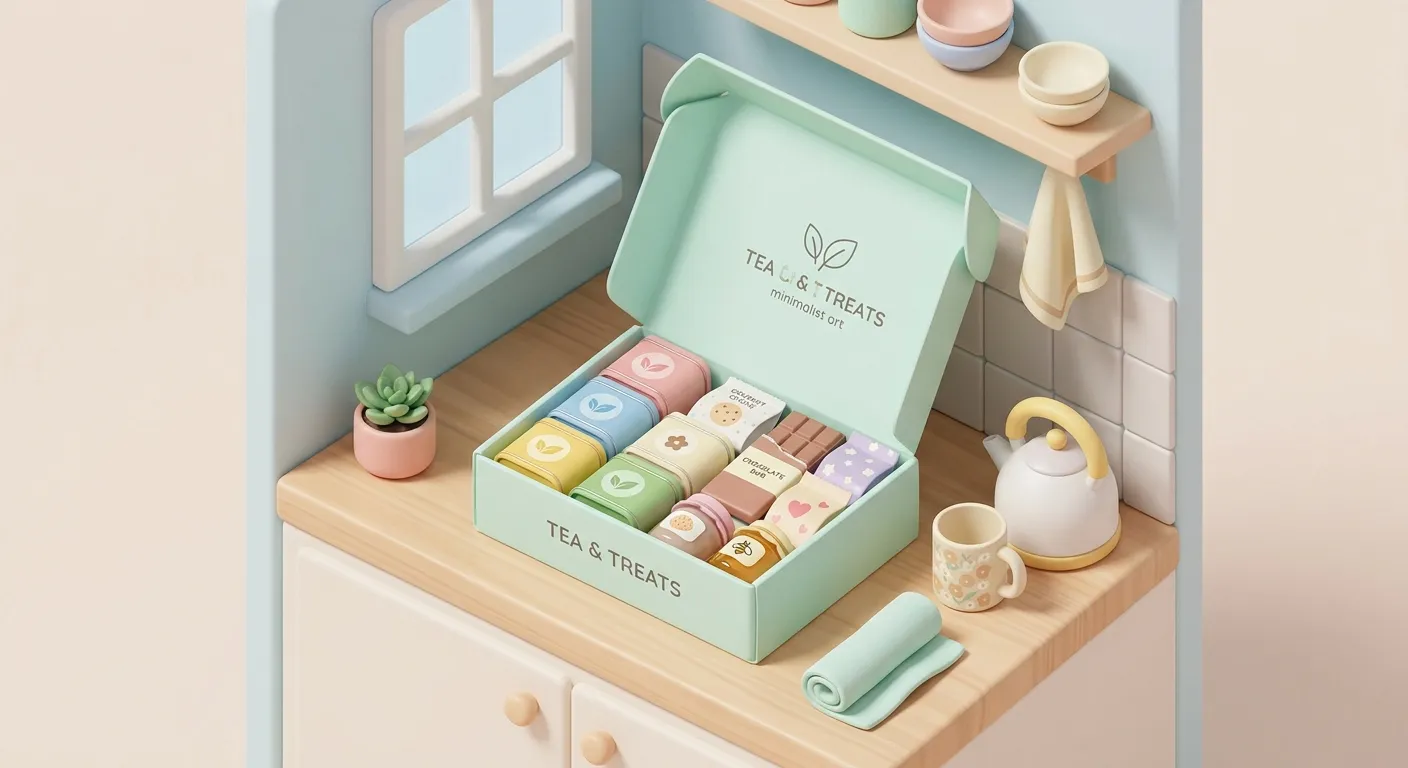 Open subscription box on a kitchen counter with artisan tea tins and gourmet snacks for seniors